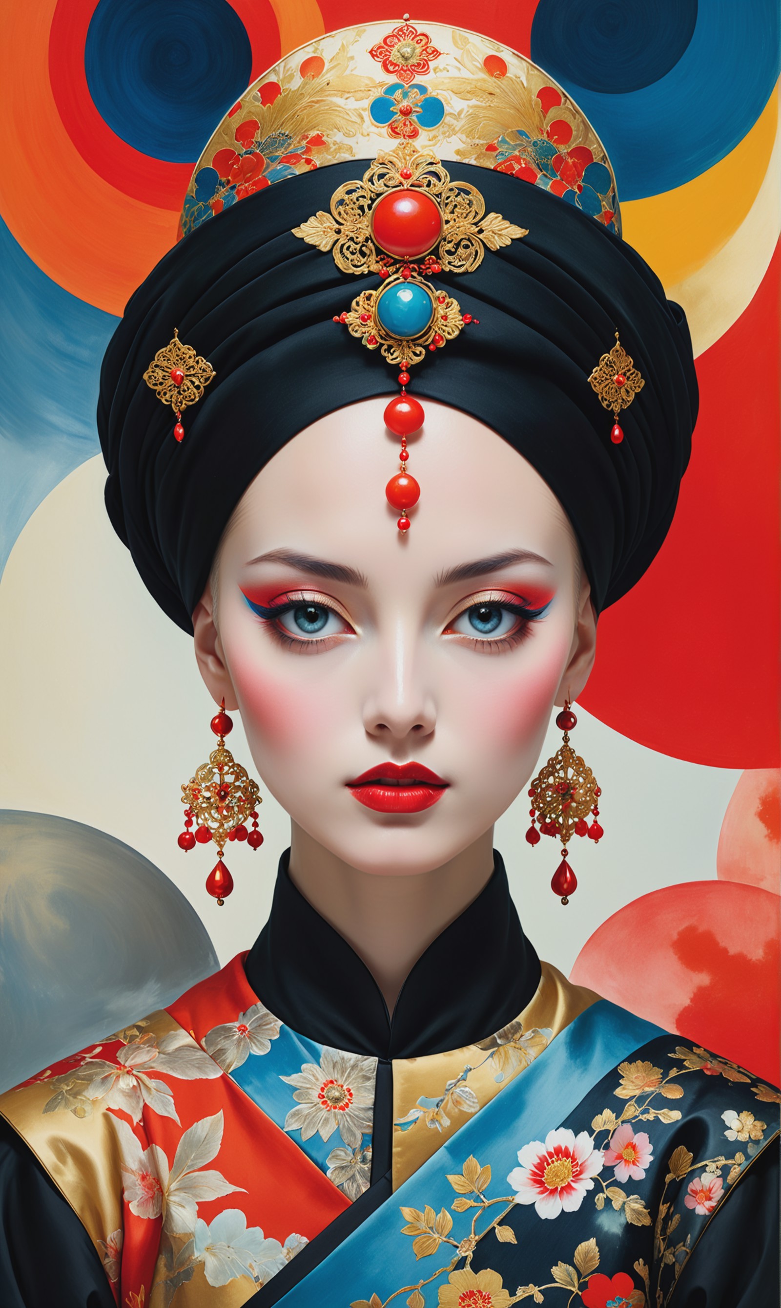 Angelic beauty with heterochromia, bald head adorned with a turban, dressed in ornate Chinese garments, face portraying th...
